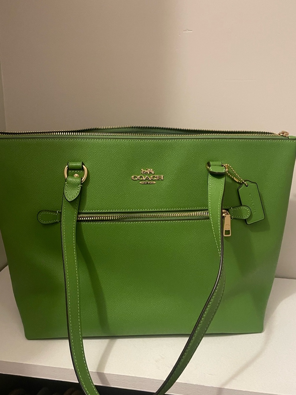 COACH Bright Green Leather Zip-Top Tote with Gold Hardware - Picture 1 of 6